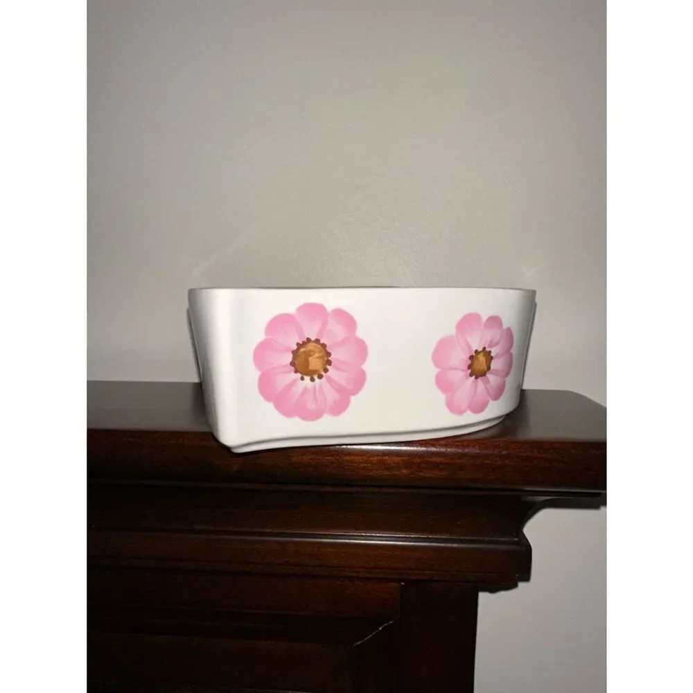 FTD White Pink Floral Heart Shaped Baking Dish Pottery Decor